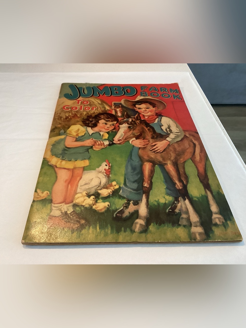 Vintage 1939 JUMBO Farm Book To Color coloring book.  Merrill Pub. 15” X 10”